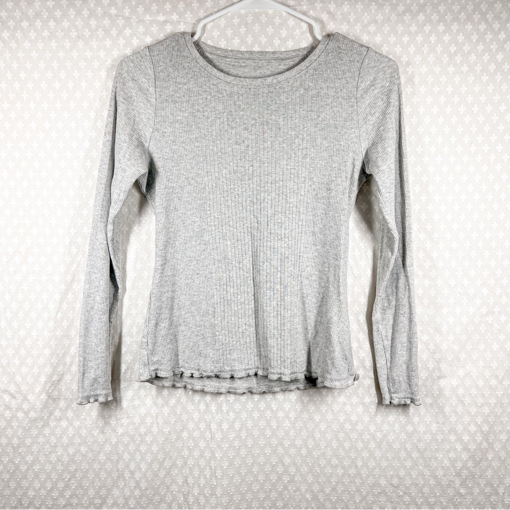 Anthropologie Grey Ribbed Long Sleeve Lettuce Hem Top Classic Staple Effortless